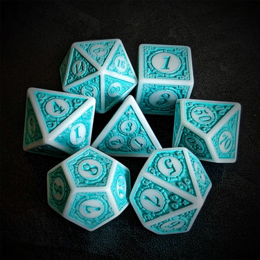 Cyan Lattice on White Acrylic - 7pcs RPG Full Dice Set Top